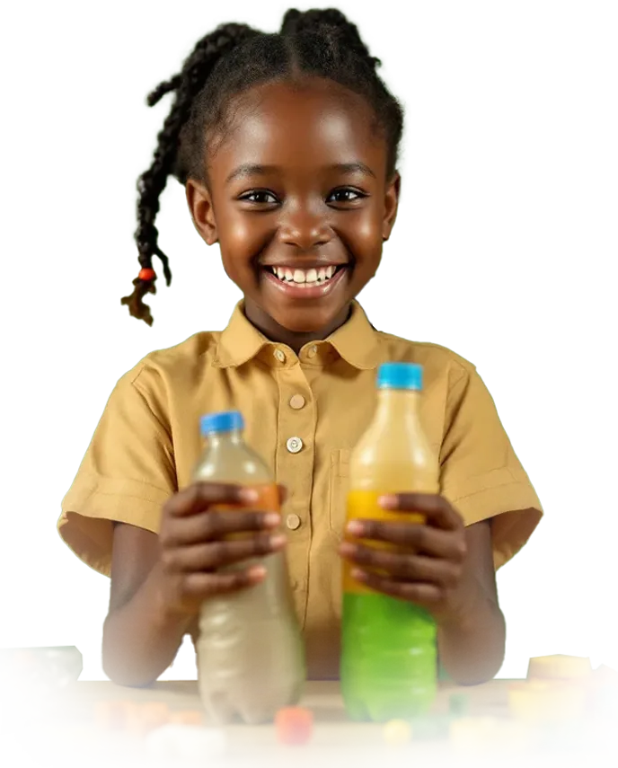 Une écolière montre deux bouteilles recyclées