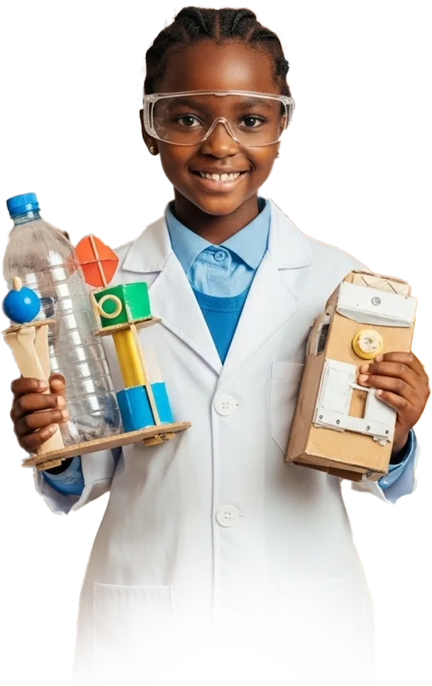 Un enfant en blouse présente des jeux fabriqués avec des matériaux recyclés